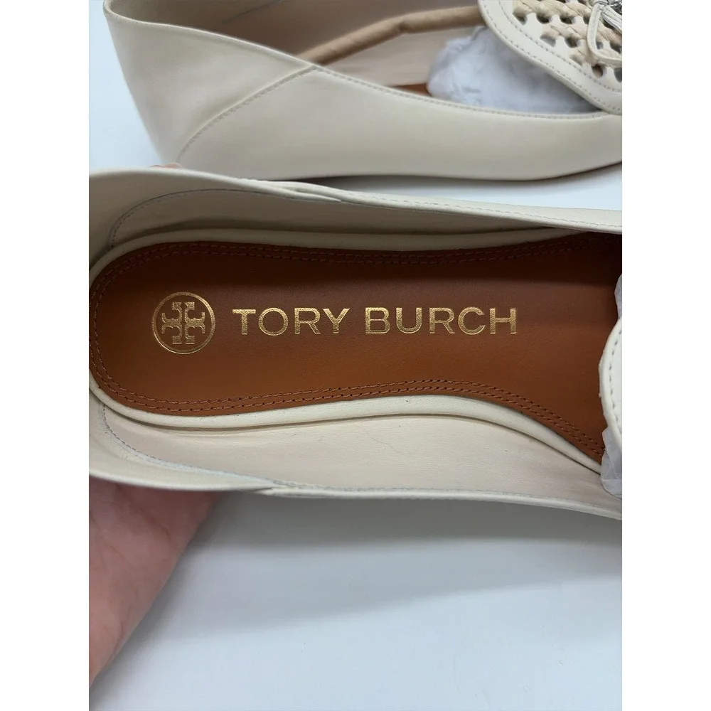 Tory Burch Woven Leather Ivory Charm Loafers Square Toe Flats Bow Detail Size 7